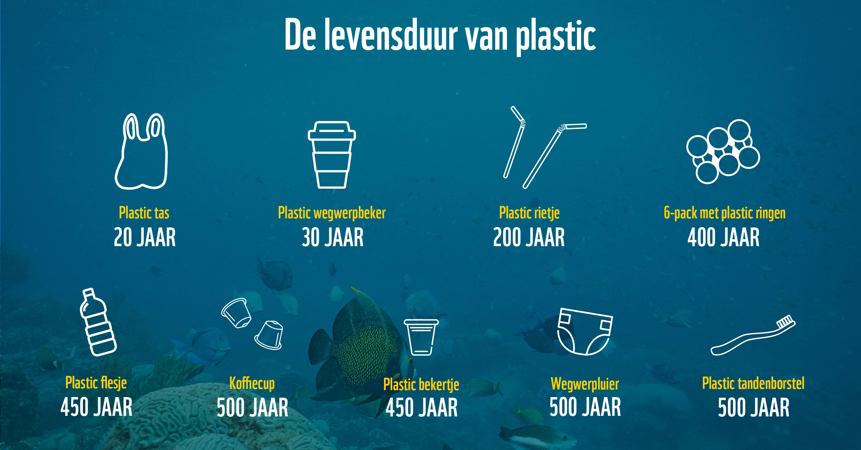 Infographic over de levensduur van plastic in de oceaan